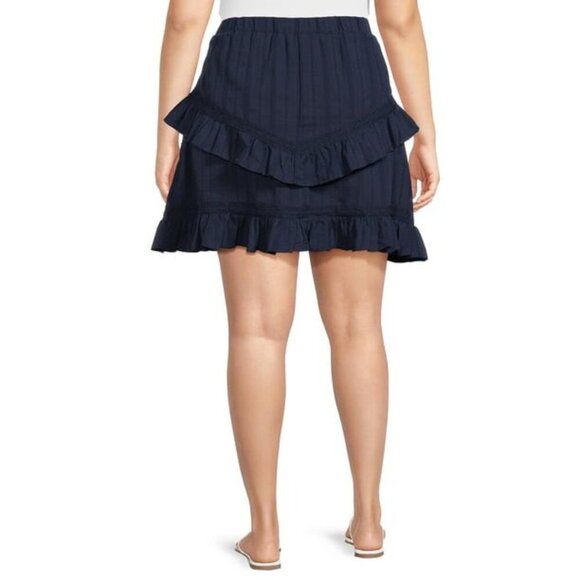 Lace Insert Tiered Ruffle Cotton Mini Skirt Boho Nautical Summer Navy Blue XL - Picture 2 of 10